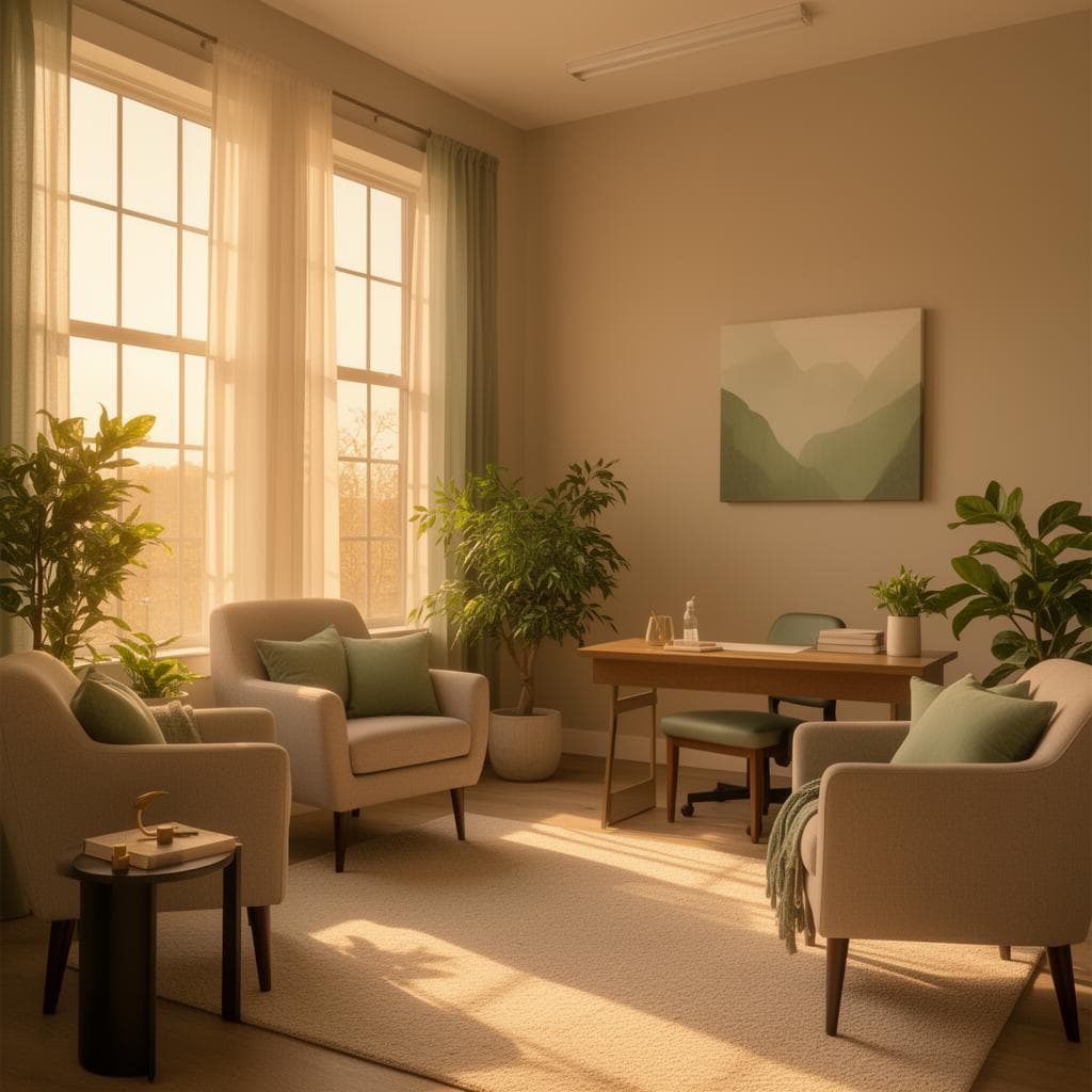 Peaceful therapy office with warm natural lighting